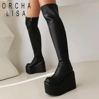 ORCHA LISA Seksualūs moteriški šlaunų batai Apvalūs pirštų pleištai Aukštakulniai 11.5cm Platforma Hill 7cm Užtrauktukas plius dydis 42 42 Tamprus vakarėlio batas