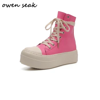 Owen Seak Women High-TOP sportbačiai Platforminiai batai Jumbo Lace Up Casual Height Increasing Zip Black Pink Red PU Canvas Boots