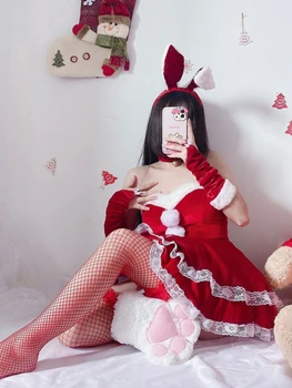 Porno moterys Seksualus apatinis trikotažas Kalėdų Senelis Zuikis Mergaitė Cosplay kostiumas Raudona suknelė be petnešėlių Anime kostiumai