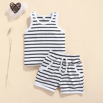 Pudcoco 2Pcs Baby Boy drabužiai Vasaros apranga, dryžuotas spausdinimas be rankovių tankų viršūnės + elastinių juosmens šortų rinkinys 0-3Years