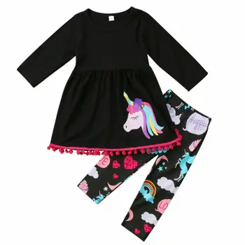 Pudcoco US Stock 2-7Years Unicorn Kids Baby Girl Apranga Drabužiai ilgomis rankovėmis Marškinėliai Viršutinė suknelė+Gėlių kelnės Antblauzdžiai 2Vnt Drabužiai
