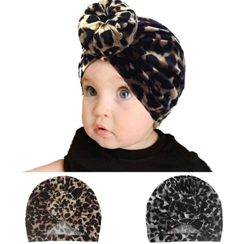 Q0KB Baby Turban Hat Vaikų darželio ligoninės kepurės Beanie variklio dangtis su bandelės mazgu mergaitėms Mažyliai Naujagimiai Kūdikiai Leopardas Spausdinti