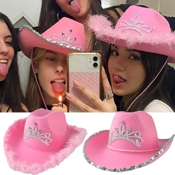 Rožinės vakarietiškos kaubojiškos skrybėlės moterims mergaitėms Gimtadienio vakarėlio kepurės Y2K plunksnų blizgučių dekoravimo karūna Tiara kaubojai Plačios kraštinės kepurės