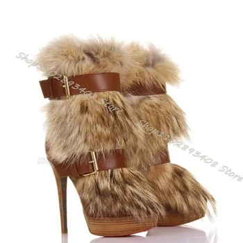 Rudi kailių dekoro platformos batai diržo sagtis Apvalus pirštas Kieti šilti batai Žieminiai nauji mados vakarėliai Moteriški batai Zapatos Para Mujere