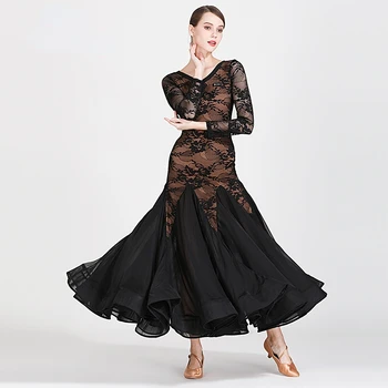 Suaugusiųjų juodai raudoni nėriniai Standartinis pramoginis šokis Romantiškas didelis sūpynių sijonas Merginos Valsas Tango Galop Moden Konkursas Ilga suknelė