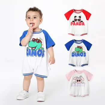 Summer Baby Clothes Boy Girl Korėjietiškas medvilninis smėlinukas Rompers trumpomis rankovėmis animacinis filmas Dinozaurų raštas Kūdikio kūdikio kombinezonai