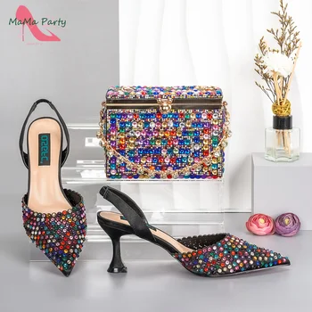 SweetStyle New Arrivals Italian Female Shoes Matching Bag Set with Shinning Crystal with Thin Heels for Garden Party in Rainbow