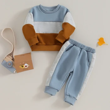 Toddler Baby Boy 2Pcs Fall Sweatsuit Apranga Kontrastinės spalvos Tops ir elastingos juosmens kelnės Mieli mažo berniuko drabužiai