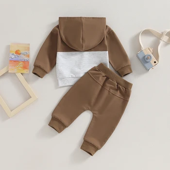 Toddler Baby Boys 2 dalių apranga ilgomis rankovėmis kontrastinės spalvos megztas megztukas su gobtuvu ir elastingos kelnės Rudens žieminė apranga