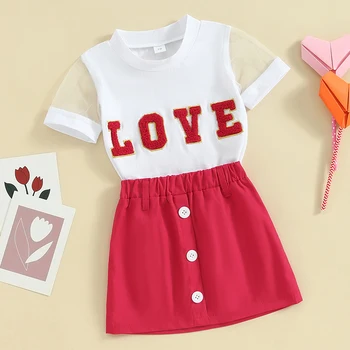 Toddler Baby Girl Valentino dienos apranga 2 dalių Baby Little Kids meilės marškiniai trumpomis rankovėmis Elastinis juosmens sijono komplektas