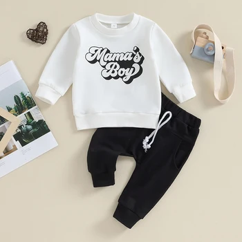 Toddler Boys Fall apranga Letter Print džemperiai ilgomis rankovėmis ir vienspalvės ilgos kelnės 2Vnt drabužių komplektas
