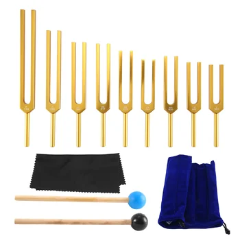 Tuning Fork Set - 9 derinimo šakutės čakrai gydyti,garso terapija,laikykite kūną, protą ir dvasią tobuloje harmonijoje- auksas