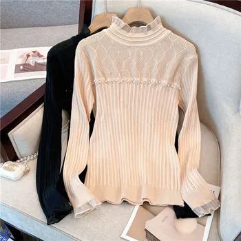 Tuščiaviduris megztas megztinis Trikotažas Moterys 2023 Rudens ilgomis rankovėmis Vėžlių viršūnės Megztinis Tvirtas Laisvas Elegantiškas prašmatnus Ladies Džemperis