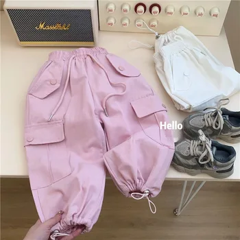 Vaikų butiko drabužiai Mergaičių kelnės Vientisos spalvos Elastinis juosmuo Mada Laisvas laisvalaikis Paprasto stiliaus medvilninis krovininis diržas Simpe Korėjiečių