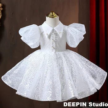 Vaikų mergaičių siuvinėta suknelė 2024 Naujos merginos Šeimininkas&Fortepijono pasirodymas Kostiumas Vienspalvė mergaitė Graži gimtadienio princesės suknelė