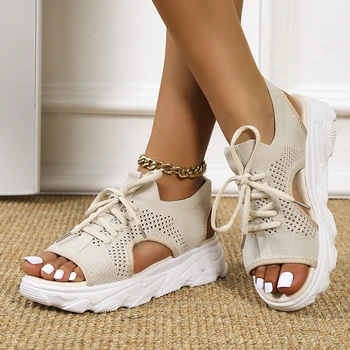 Vasaros moterų sandalai Tinkliniai laisvalaikio batai Balti storapadžiai Suvarstomi sandalijos atviri kojų paplūdimio batai moterims Naujasis Zapatos Mujer