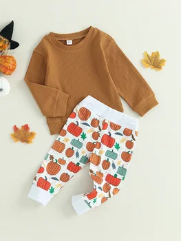 Žavingi 2Vnt Helovino apranga mažyliui berniukui mergaitei - marškiniai ilgomis rankovėmis su vaflinių džemperių ir moliūginių kelnių rinkiniu