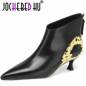【JOCHEBED HU】New Autumn Women Brand Pointed Toe Thin Heel Boots Genuine Leather Shoes for Zipper Ankle Solid Winter 34-40